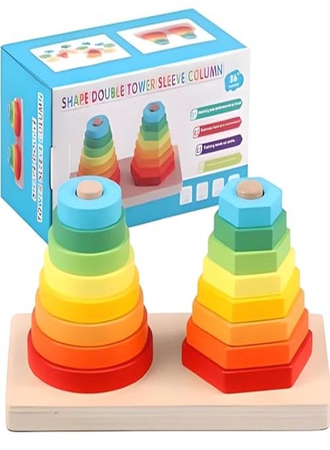 Busy Brain - Double Tower Shape Sorter Stacking Toy, Circle and Hexagon Wooden Blocks, Rainbow Multicolour, Educational Learning for Toddlers 18+ Months - Image 3